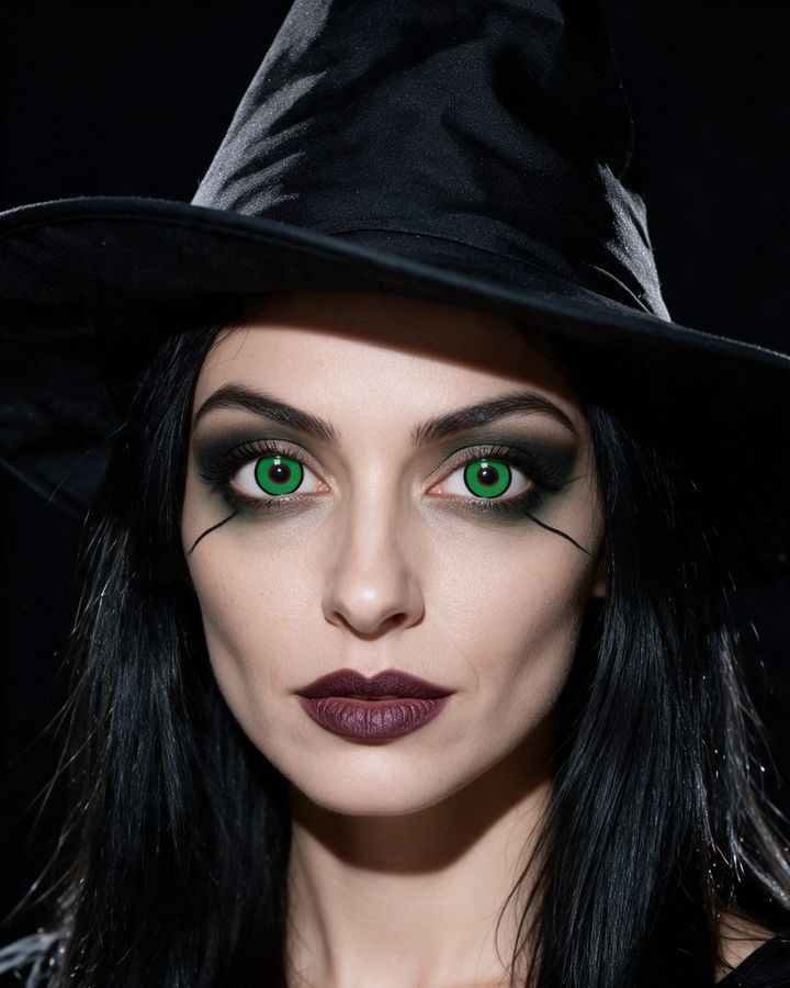 Disfraz de bruja con el lente de contacto #14: verde brillante con aro negro marcado