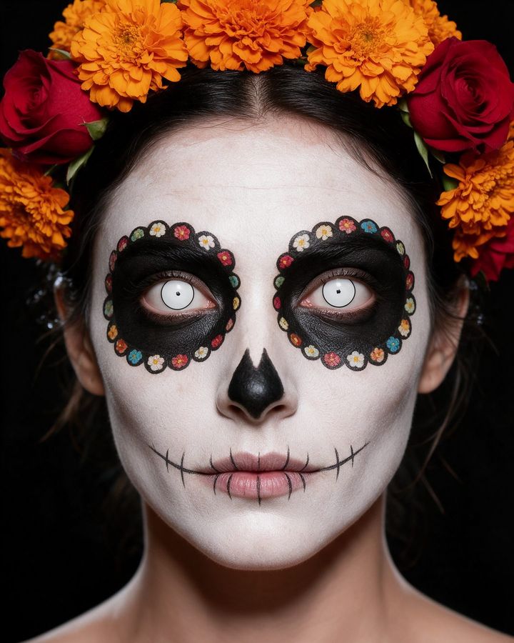 Disfraz de catrina con el lente de contacto #2: ojo en blanco con pupila diminuta