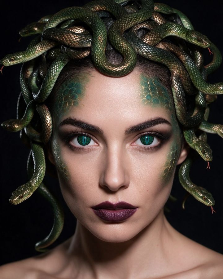 Disfraz de medusa con el lente de contacto #23: verde agua agrietado con pupila rasgada de reptil
