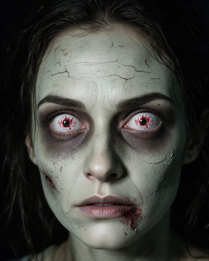 Disfraz de zombie con el lente de contacto #4: blanco con sangre escurriendo