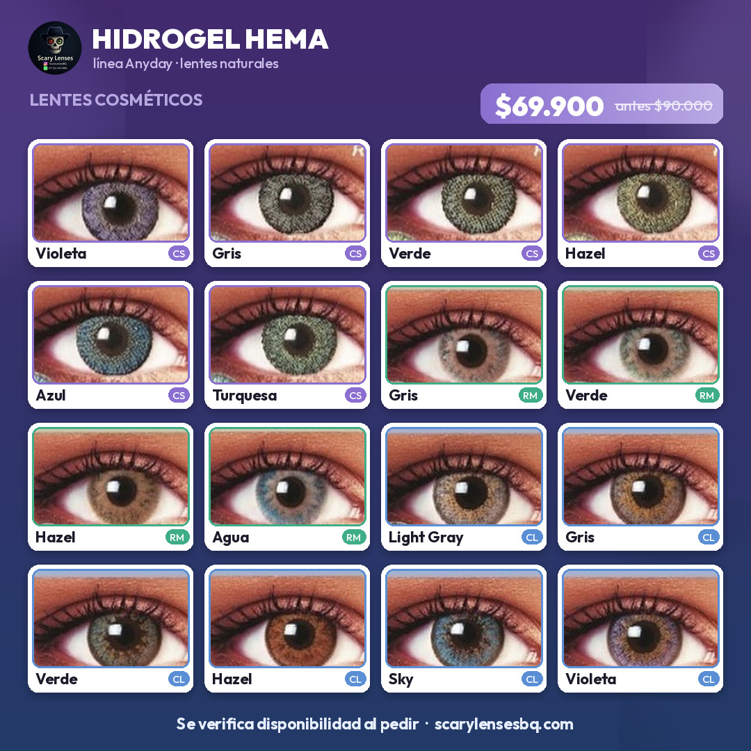 Lentes de color naturales Anyday · Hidrogel de Methafilcon (HEMA)